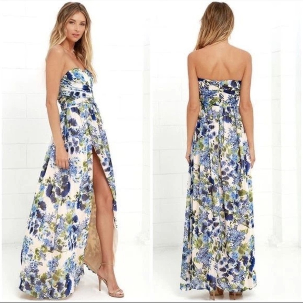 Lulu's Blue and Green Strapless Floral Dress